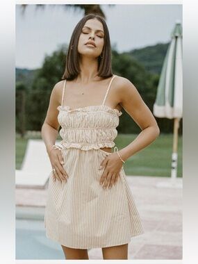 SABO Smocked Strappy Mini Dress in white and mustard Stripe